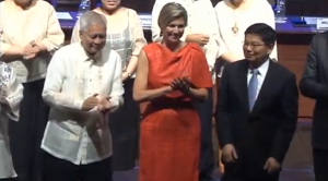 Maxima, the Queen of The Netherlands, attends the launch of the Philippine central bank's national strategy for financial inclusion, capping her two-day visit to the Philippines. (Courtesy Reuters/Photo grabbed from Reuters video)