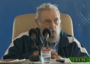 Cuban revolutionary leader Fidel Castro appears at event recognizing agricultural workers. (Photo grabbed from Reuters video)