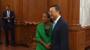 U.S. national security advisor Susan Rice meets China's State Councillor Yang Jiechi in Beijing. (photo captured from Reuters video)