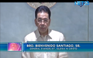 Iglesia Ni Cristo General Evangelist minister Bienvenido C. Santiago reads a press statement of the INC calling on the Department of Justice to focus its energies on bringing to justice those responsible for the Mamasapano killings, instead of harassing the INC.