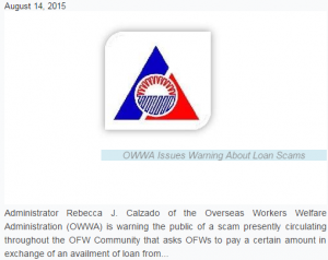 The Overseas Workers Welfare Administration issued a warning about loan scams in its website.  (Screenshot of OWWA website)