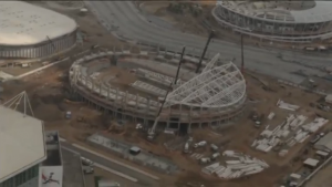 Various of construction work at the Olympic Park in Rio de Janeiro in Brazil. Rio de Janeiro counts down one year to the Olympic Games but concerns mount as to whether the city will be ready or even safe for athletes.  (Photo grabbed from Reuters video)