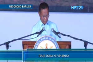 Vice-President Jejomar Binay delivers what he calls the "true state of the nation address" in Cavite, a week after President Aquino delivered his official SONA in Congress. (Eagle News Service)