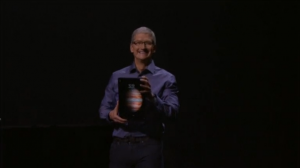 Apple introduces the iPad Pro, a larger tablet device aimed at the enterprise market, with a 12.9 inch screen. (Photo captured from Reuters video)