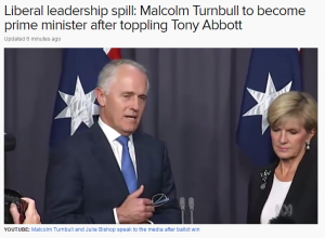 Malcolm Turnbull emerges victorious with Liberal Deputy leader Julie Bishop to talk to reporters after a party vote where he ousted Prime Minister Tony Abbott. Turnbull won over Abbott by just 10 votes in the Liberal Party ballots. (Screenshot of ABC news website/Courtesy ABC news)