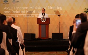 President Benigno S. Aquino III delivers his speech during the Asia-Pacific Economic Cooperation (APEC) Finance Ministers’ Meeting and Related Meetings at the Rosal Ballroom of Shangri-La Mactan Resort in Lapu-Lapu City, Cebu on Thursday (September 10). (Photo by Malacañang Photo Bureau) 