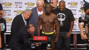 Challenger Andre Berto during the weigh-in for this Saturday's welterweight fight against Floyd "Money" Mayweather. (Courtesy Showtime Sports/Photo grabbed from video provided by Reuters)