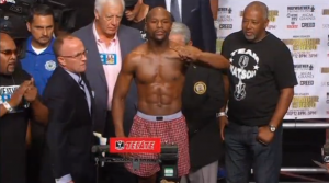 Floyd Mayweather during the weigh-n for his fight with challenger Andre Berto. (Courtesy Showtime Sports/Photo grabbed from video provided by Reuters)