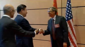 Chinese President Xi Jinping meets Microsoft founder Bill Gates.  The Chinese leader toured the headquarters of Microsoft on Wednesday (September 23) where he met with Gates as well as tech leaders including Facebook's Mark Zuckerberg, Amazon's Jeff Bezos and Apple Inc's Tim Cook and other top tech executives.   (Photo grabbed from Reuters video/Courtesy Reuters)
