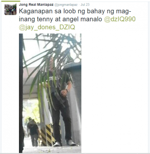 Screenshot of July 23 Twitter post of DZIQ Radyo Inquirer reporter Jong Manlapaz where an unidentified armed man was photographed inside the INC compound in Tandang Sora, Quezon City. This was among the photos that INC found disturbing as it indicated the presence of armed men inside the INC's T. Sora compound. (Eagle News Service)