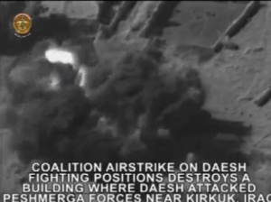 Iraqi Ministry of Defence releases satellite footage of air strikes targeting Islamic state, causing considerable damage - statement. (Photo grabbed from Reuters provided video)