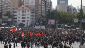 Thousands of people gathered for a rally in Ankara on Sunday to mourn nearly 100 victims killed a day earlier in the worst terrorist attack in Turkey's modern history. (Photo captured from CCTV video)
