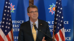 U.S. Defense Secretary Ash Carter defends naval presence in the South China Sea as "not new", and says the inability of ASEAN defense ministers to reach a consensus reflects their concern about China's activity in the sea.  (Courtesy Reuters/Photo grabbed from Reuters video)