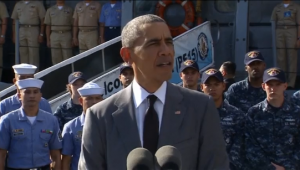 President Barack Obama says the United States is committed to the freedom of navigation in Asian waters, but does not directly mention the row with China over the South China Sea. "We have a treaty obligation, an ironclad commitment to the defense of our ally the Philippines, who can count on the United States," he said during his speech after a tour of the BRP Gregorio del Pilar. (Photo grabbed from Reuters video)