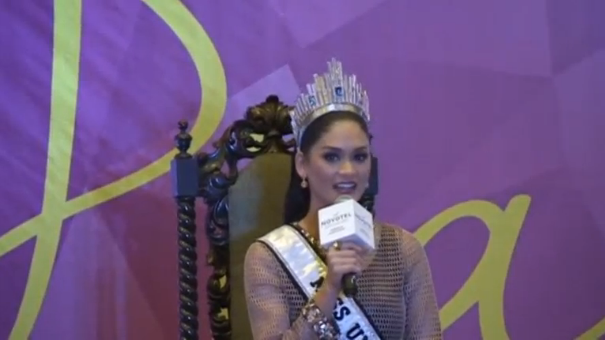 Miss Universe 2015 Pia Alonzo Wurtzbach answers questions during a news conference in Manila and says she will take an HIV test for her awareness campaign. (Photo captured from Reuters video)