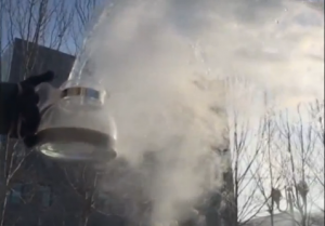 Hot water turn instantly into icy fog when thrown into the cold air of minus 39 degrees Celsius. (Photo grabbed from CCTV video)