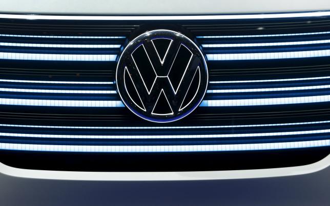 The Volkswagen emblem is shown on the grill of Volkswagen's BUDD-e electric vehicle during a keynote address at the 2016 CES trade show in Las Vegas, Nevada January 5, 2016. REUTERS/Steve Marcus