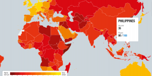 The Philippines is colored a dark red in this Corruption Perception Index map of the Transparency International, indicating that serious corruption still plagues the country. (Map Courtesy Transparency International)
