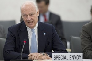 United Nations Special Envoy for Syria Staffan de Mistura speaks during a meeting with International Syria Support Group (ISSG) during the Intra-Syrian Talks in Geneva 2016 on February 25, 2016.  Pressure was building on Syria's warring parties to abide by a partial ceasefire brokered by Moscow and Washington as the UN discussed a draft resolution that would endorse the agreement due to take effect on February 27. The 15 members of the Security Council hope to adopt the text on February 26 when UN envoy Staffan de Mistura will report on efforts to silence the guns and revive peace talks. / AFP / UNITED NATIONS / Jean-Marc FERRE / RESTRICTED TO EDITORIAL USE - MANDATORY CREDIT "AFP PHOTO / UN PHOTOS / JEAN-MARC FERRE- NO MARKETING NO ADVERTISING CAMPAIGNS - DISTRIBUTED AS A SERVICE TO CLIENTS