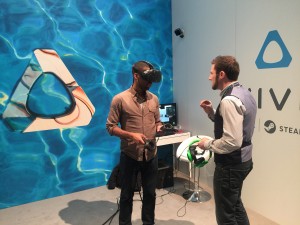 A participant trying on a gadget at the Mobile World Congress 2016