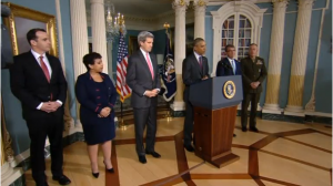 US President Barack Obama and his National Security team.  From left to right: US Special Envoy for the Global Coalition to Counter ISIL Brett McGurk, Attorney General Loretta Lynch, Secretary of State John Kerry, Obama, Defense Secretary Ashton Carter and Chairman of the Joint Chiefs of Staff General Joseph Dunford Jr. (Photo courtesy: Reuters/Photo grabbed from Reuters video)