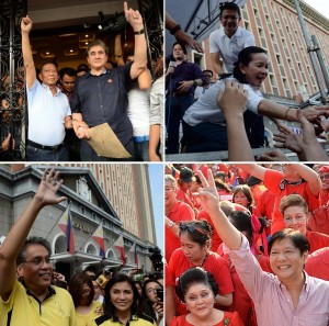 (FILES) This combo shows file photos taken in October 2015 of Philippines presidential and vice-presidential candidates, (top L to R) the head of the main opposition party and current vice president Jejomar Binay and his running mate Senator Gringo Honasan; the adopted daughter of a late movie star, Senator Grace Poe, and her running mate Senator Chiz Escudero; (bottom L to R) current President Benigno Aquino's preferred successor and US-educated investment banker, Mar Roxas, and his running mate Congresswoman Leni Robredo; and late dictator Ferdinand Marcos's son and vice-presidential candidate Bongbong Marcos with his mother and former first lady Imelda Marcos. The Philippines' raucous democracy cranks into top gear this week as campaigning begins for national elections, with familiar themes of corruption, dictatorship and celebrity star-power to dominate. AFP PHOTO / FILES / TED ALJIBE / AFP / TED ALJIBE