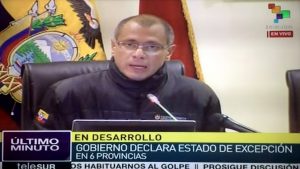 Handout TV grab taken from Venezuelan channel Telesur showing Ecuador's Vice President Jorge Glas updating information about the powerful earthquake that hit Ecuador during a press conference in Quito on April 16, 2016. At least 41 people were killed when a powerful 7.8-magnitude earthquake struck Ecuador on Saturday, knocking down buildings in the country's largest city Guayaquil and cutting power in the capital Quito. The quake also rattled northern Peru and southern Colombia, according to authorities in those countries, although no casualties were reported. / AFP PHOTO / TELESUR / RESTRICTED TO EDITORIAL USE - MANDATORY CREDIT "AFP PHOTO / TELESUR / HO" - NO MARKETING NO ADVERTISING CAMPAIGNS - DISTRIBUTED AS A SERVICE TO CLIENTS