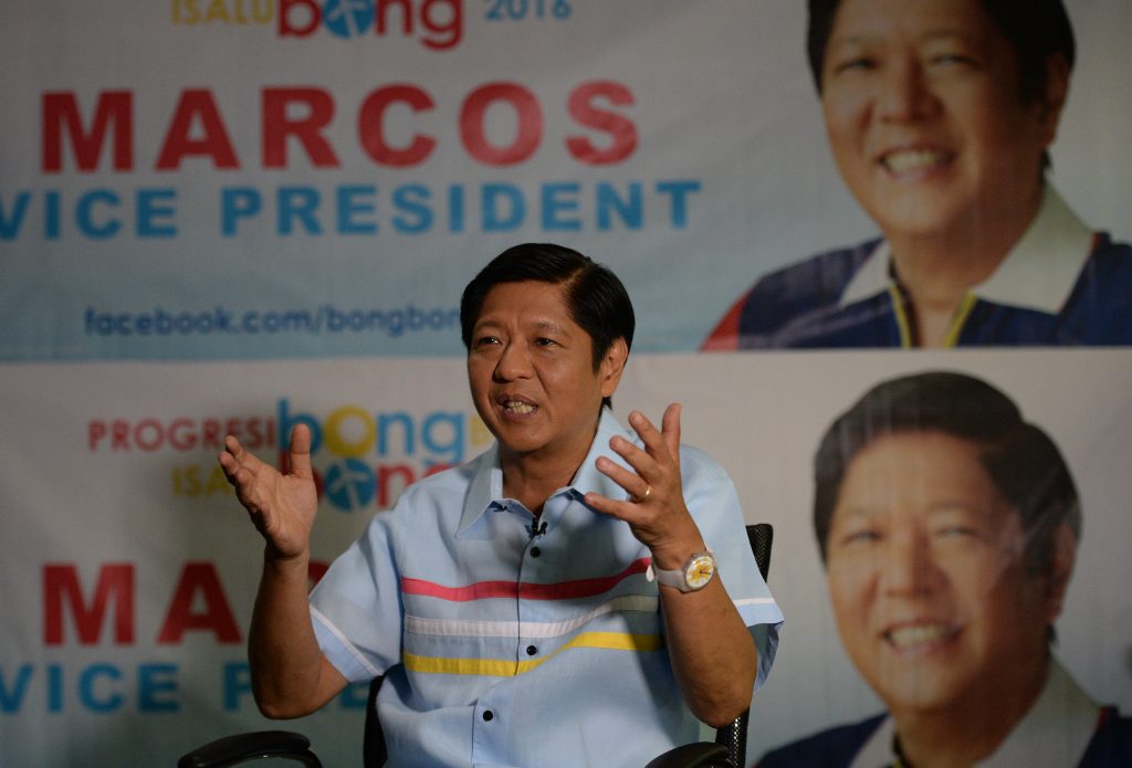 This photo taken on April 18, 2016 shows Ferdinand Marcos Jnr., son and namesake of the late Philippine dictator Ferdinand Marcos and a vice-presidential candidate for the May 9 elections, speaking during an interview with AFP at his campaign headquarters in Manila. Marcos Jnr conceded there were "widespread human rights abuses" during his father's rule, but insisted the Marcos name remained one of his strongest assets. / AFP PHOTO / TED ALJIBE / TO GO WITH AFP STORY BY Karl Malakunas