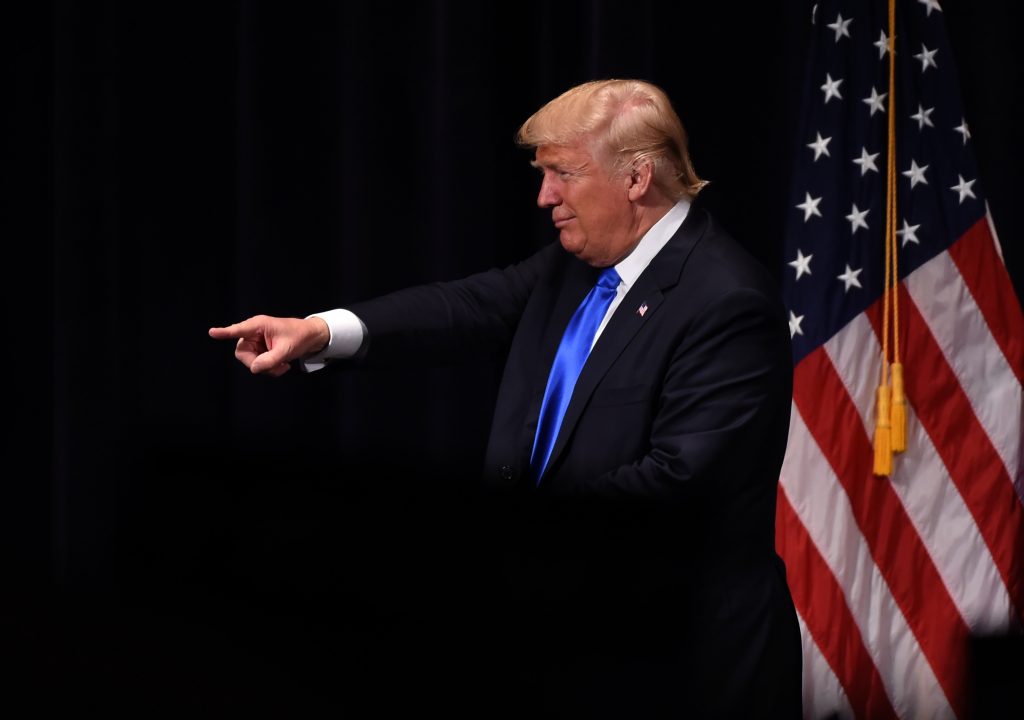 US Republican presidential candidate Donald Trump speaks at a campaign rally in the Klein Memorial Auditorium in Bridgeport, Connecticut on April 23, 2016. / AFP PHOTO / TIMOTHY A. CLARY