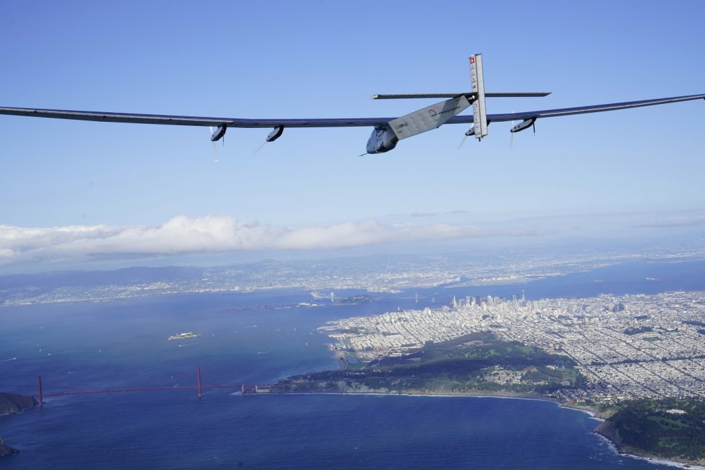 "Solar Impulse 2", a solar powered plane piloted by Swiss adventurer Bertrand Piccard, flies over the Golden Gate Bridge in San Francisco on April 23, 2016, after a flight from Hawaii, where he took off on April 21, 2016 for a non-stop three-day flight to cover about 3,760 kilometers / 2,336 miles. == RESTRICTED TO EDITORIAL USE  / MANDATORY CREDIT:  "AFP PHOTO / HO / SOLAR IMPULSE 2 / Jean Revillard" / NO MARKETING / NO ADVERTISING CAMPAIGNS /  DISTRIBUTED AS A SERVICE TO CLIENTS  == / AFP PHOTO / SOLAR IMPULSE 2 / Jean Revillard
