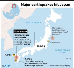 Map of Japan locating Kumamoto prefecture, where powerful earthquakes occurred on April 14. (Courtesy AFP)