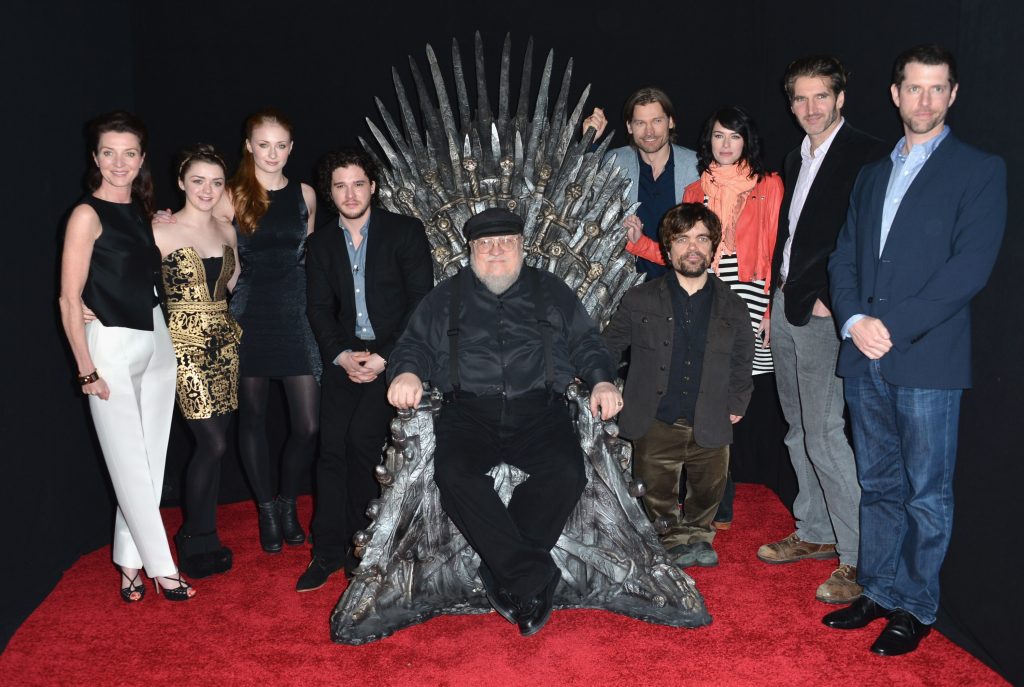 HOLLYWOOD, CA - MARCH 19: Actors Michelle Fairley, Maisie Williams, Sophie Turner, Kit Harington, executive producer George R.R. Martin, actors Nikolaj Coster-Waldau, Peter Dinklage, Lena Headey, co-creator/executive producer David Banioff and co-creator/executive producer D.B. Weiss attend The Academy of Television Arts & Sciences' Presents An Evening With "Game of Thrones" at TCL Chinese Theatre on March 19, 2013 in Hollywood, California.   Alberto E. Rodriguez/Getty Images/AFP
