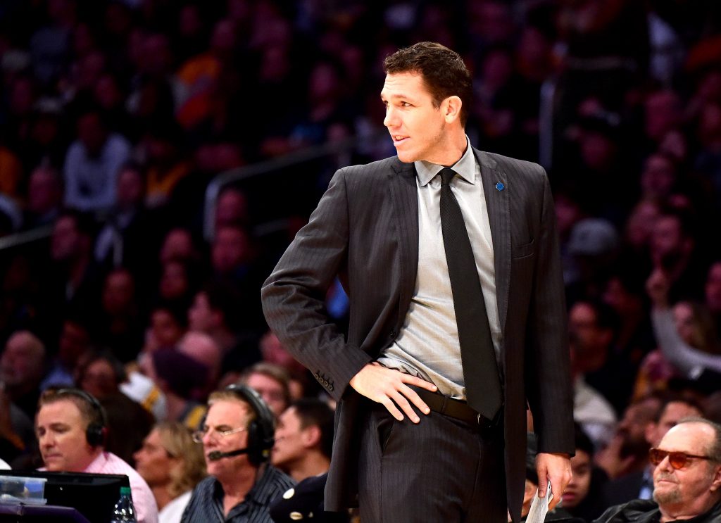 LOS ANGELES, CA - JANUARY 05: Interum coach Luke Walton of the Golden State Warriors reacts to play during first half against the Los Angeles Lakers at Staples Center on January 5, 2016 in Los Angeles, California. NOTE TO USER: User expressly acknowledges and agrees that, by downloading and or using this Photograph, user is consenting to the terms and condition of the Getty Images License Agreement. Harry How/Getty Images/AFP