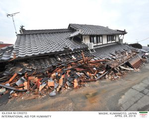 Many houses in Mashiki crumbled because of the very strong quake the hit southern Japan on April 15 at 4:25 in the afternoon (April 16. 12:25 a.m. Philippine time) This photo was taken by an INC volunteer from FYM Foundation that visited the area for relief distribution on April 24. (Courtesy FYM Foundation)