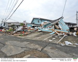 A scene of devastation in Mashiki, Kumamoto, Japan. (Photo courtesy FYM Foundation.)