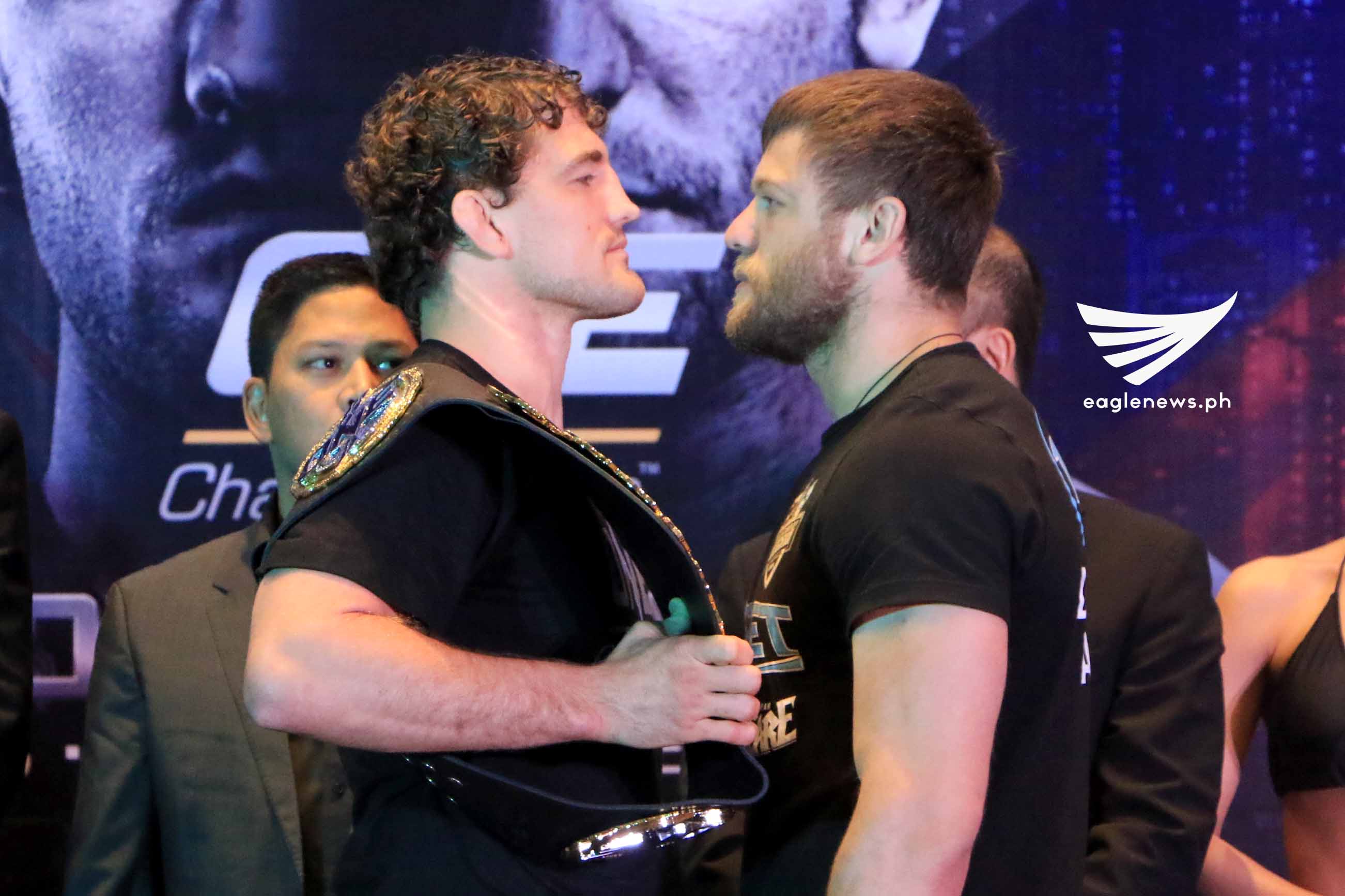 MMA fighters Ben Askren and Nikolay Aleksakhin face off during ONE Championship: Global Rivals press conference.