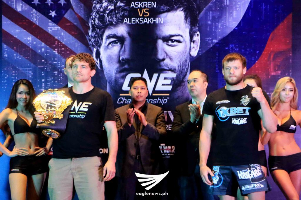MMA fighters Ben Askren and Nikolay Aleksakhin face off during ONE Championship: Global Rivals press conference.