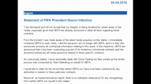 FIFA President Gianni Infantino releases a statement denying reported links to a company implicated in the "Panama Papers" scandal.(photo grabbed from Reuters video) 