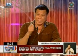 Davao City mayor Rodrigo Duterte in the last presidential debate (Photo grabbed from Reuters video)