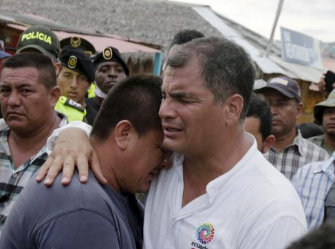 As the Ecuador death toll tops 500, President Rafael Correa says the country is eyeing an international bond issue for the costly reconstruction.  Credit: Reuters