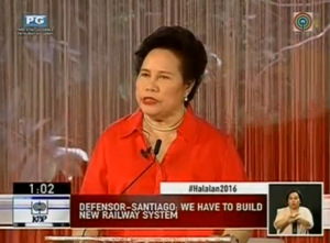 Screengrab of Senator Miriam Defensor Santiago in the last presidential debate.  (Photo grabbed from Reuters video/courtesy Reuters)