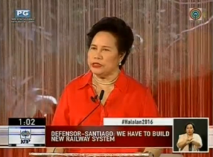 Screengrab of Senator Miriam Defensor Santiago in the last presidential debate. (Photo grabbed from Reuters video/courtesy Reuters)