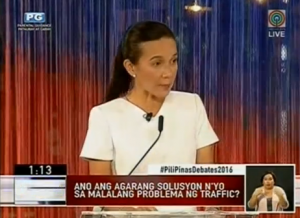 Senator Grace Poe in the latest presidential debate (Photo grabbed from Reuters video)