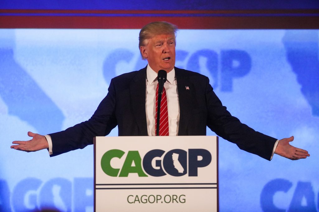 (FILES) This file photo taken on April 29, 2016 shows US Republican presidential candidate Donald Trump addresses the California Republican Party 2016 Convention in Burlingame, California, April 29, 2016. Donald Trump hit out hard at Hillary Clinton and Ted Cruz on May 1, 2016, sounding unapologetic two days ahead of a key primary in Indiana he says will decide the Republican presidential race. Speaking on Fox News Sunday, the Republican frontrunner concentrated on attacking Clinton, doubling down on his much-criticized statement that the likely Democratic nominee's only appeal to voters is the "woman's card." / AFP PHOTO / GABRIELLE LURIE