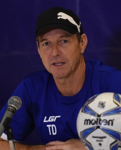 This photo taken on March 27, 2016 shows Philippine football team head coach Thomas Dooley of the US speaking at a press conference in Manila a day before their match against North Korea. US head coach Thomas Dooley has had his Philippine contract extended after overseeing a dramatic rise in the Azkals' footballing fortunes, the national federation said on May 4, 2016.  / AFP PHOTO / TED ALJIBE