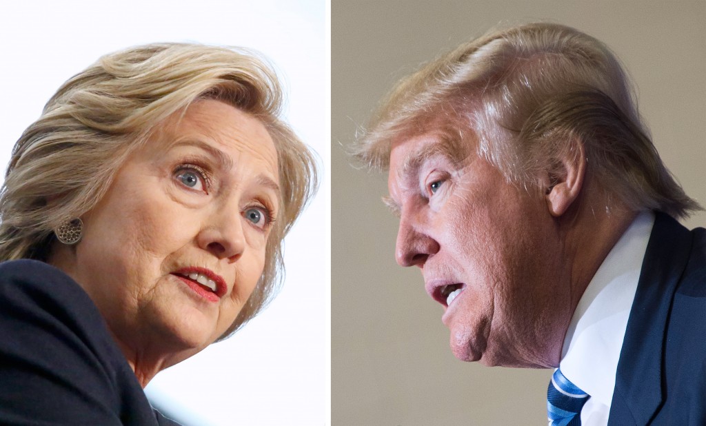 (FILES) This file photo taken on April 11, 2016 shows Democratic presidential candidate Hillary Clinton and Republican challenger Donald Trump. It's the paradox of the 2016 US presidential elections: Hillary Clinton and Donald Trump are virtually assured of facing off against each other in November, and yet both are widely unpopular. Two thirds (65 percent) of voters have unfavorable opinions of the Republican billionaire, and only a quarter (24 percent) think positively of him, according to a recent Wall Street Journal/NBC survey.  / AFP PHOTO / dsk