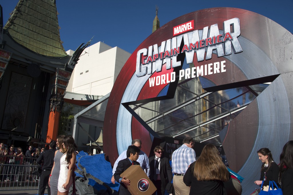 (FILES) This file photo taken on April 11, 2016 shows a general view of the ambiance at the Disney Premiere of "Captain America: Civil War " at El Capitan Theater, in Hollywood, California. The latest rock-'em-sock-'em "Captain America" film has vaulted past Disney's "The Jungle Book" at the North American box office with a strong debut weekend take of $181.8 million, industry data showed May 8, 2016. / AFP PHOTO / VALERIE MACON