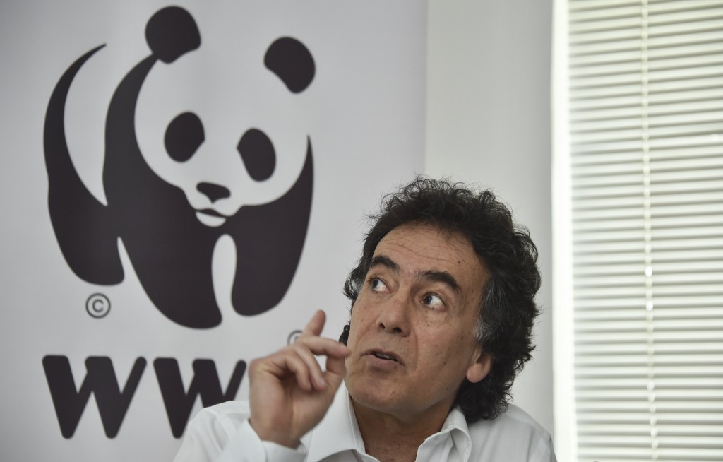 Mexico's General Director of World Wide Fund for Nature (WWF) Omar Vidal speaks during a press conference in Mexico City on May 16, 2016. Environmentalists of WWF warned that Mexico's "vaquita marina", the world's smallest porpoise, was close to extinction as the government reported that only 60 were now left. / AFP PHOTO / YURI CORTEZ