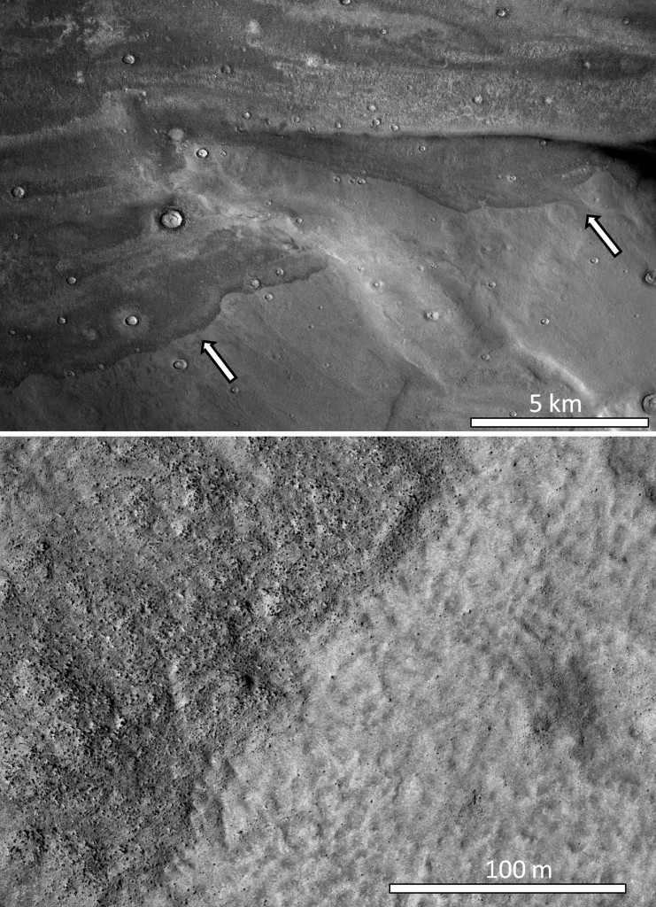This handout picture received from Nature publishing group on May 19, 2016 features images from the surface of Mars showing detail of Tsunami activity on the planet (Top) visible light images showing regions reached by the older tsunami in local highland hills and (Bottom) The deposits boulder-like substrate. Monster tsunamis caused by meteor impacts swept across the northern plains of Mars more than three billion years ago, radically resculpting the edges of the Red Planet's ancient seas, according to a study published on May 19, 2016. The findings, based on geological mapping, could provide new clues in the search for life.They also bolsters the theory that massive floods 3.4 billion years ago transformed Mars' northern lowlands into a sprawling ocean, the study said. / AFP PHOTO / NATURE PUBLISHING GROUP / Alexis Rodriguez / RESTRICTED TO EDITORIAL USE - MANDATORY CREDIT "AFP PHOTO / NATURE PUBLISHING GROUP / ALEXIS RODRIGUEZ" - NO MARKETING NO ADVERTISING CAMPAIGNS - DISTRIBUTED AS A SERVICE TO CLIENTS