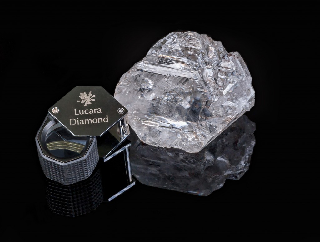 = RESTRICTED TO EDITORIAL USE - MANDATORY CREDIT "AFP PHOTO / HO / LUCIEN COMEN/ LUCARA DIAMOND CORPORTATION" - NO MARKETING NO ADVERTISING CAMPAIGNS - DISTRIBUTED AS A SERVICE TO CLIENTS = This handout photo provided by the Lucara Diamond Corporation taken on November 18, 2015 in Gaborone shows a 1,111 carat gem quality, Type IIa diamond is seen displayed. The magnificent stone, which originated from the south lobe of Lucaras Karowe Mine, is the worlds second largest gem quality diamond ever recovered and the largest ever to be recovered through a modern processing facility. The stone was recovered by the newly installed Large Diamond Recovery (LDR) X-ray transmission (XRT) machines. The stone measures 65mm x 56mm x 40mm in size and is the largest ever to be recovered in Botswana. AFP PHOTO/ HO / LUCIEN COMEN / LUCARA DIAMOND CORPORATION / AFP PHOTO / Lucara Diamond Corporation / Lucien Comen/Lucara Diamond Corp